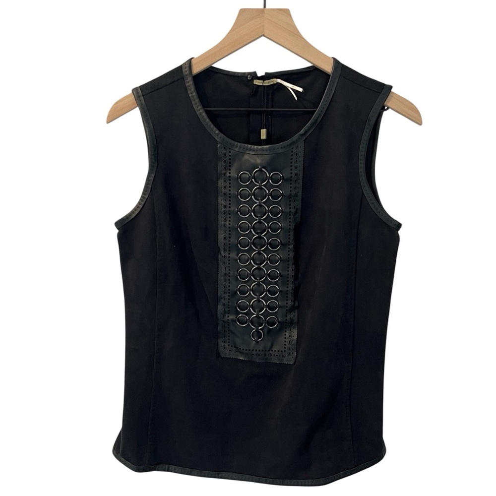 Max Studio S Stretch Faux Suede Sleeveless Top Faux Leather‎ Panel Metal Rings